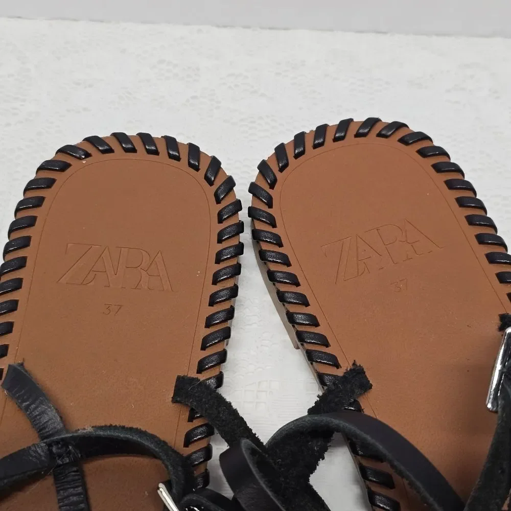 ZARA T-strap Thong Flat Sandals Black Genuine Leather Boho Minimalist 6.5 - Picture 4 of 8